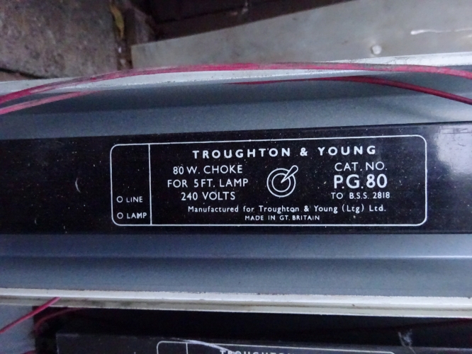 Troughton and Young ballast.
Original to the fitting and untouched since installation, all 6 of these ballasts run well and are absolutely silent, telling me how little use these have seen in the time they've been installed. the overall immaculate condition is seen here too, this is repeated over all the fittings, which in this day and age is an almost impossible feat.
