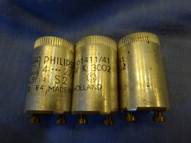 Philips S2 metal can starters
These came with the Maxlume bulkhead, and still work perfectly, if not a tad slow from their disuse.
