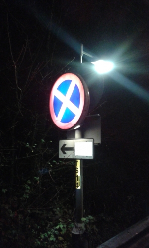 Internally lit Clearway Sign
Relamped this beauty last night out on the trunk roads. It runs a pair of 15w tubes (Sylvania 840s now) and is the only example left that I'm aware of. It even has a little window in the bottom to illuminate the supplementary plate. 
