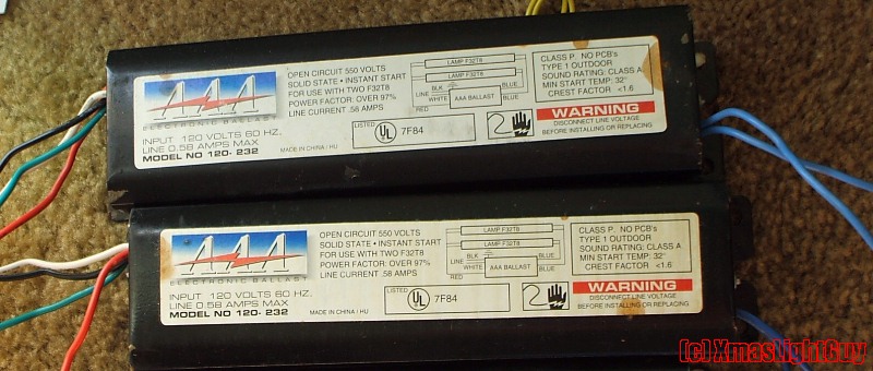 AAA 2xF32T8 Ballast
'AAA' 2-lamp 4-foot 32w T8 instant-start HF ballasts.

A good place for junk like this would be the "Hall Of Shame" section of the forum .lol.

Back in 2011 I originally got a lot of 10 (cheap on eBay). 1 was DOA 
Over the years I've had a few in use, and they don't last very long (I think longest was a couple years, shortest was about a week). I finally got sick of replacing ballasts & went with something else... I think there's 1 or 2 fully working ones left, and a couple partially working. 
