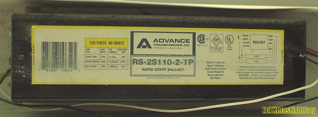 Advance 2x 8-Foot High-Output 110w
An Advance rapid-start 2-lamp ballast for F96T12-HO (8-foot 110w) lamps.
Will also light the following lamps:
* F96T12-HO-ES 8-foot 'energy-saver' 95w 
* F84T12-HO 7-foot 100w 
* F72T12-HO 6-foot 85w


Doesn't show so much in the pic, but these are big heavy things!

Don't have the lamps, but I see no reason these wouldn't work with the 100w & 125w lamps you guys have.
Keywords: F96T12-HO; 8-Foot 