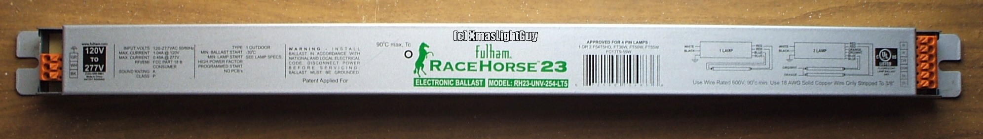 Fulham Racehorse-23 F54T5 Ballast
A Fulham 'Racehorse' programmed-start ballast for 2x F54T5 lamps (and others too)

Not well known, but these will also light 4' T12 lamps at something close to the correct power 

Found this at a thrift-store, appears to be un-used, so for $3 each  I grabbed all 6 they had.
