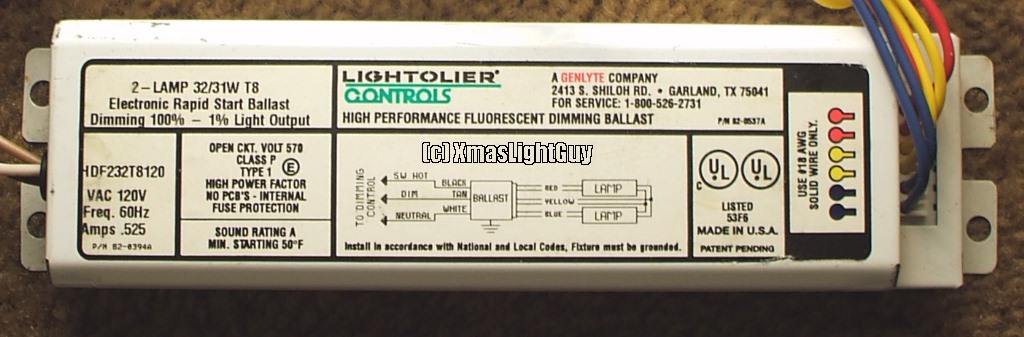 Lightolier Rapid-Start Dimmable Ballast
A Lightolier "High Performance Fluorescent Dimming Ballast" for 2 F32T8 lamps.
This one is Electronic Rapid Start, but startup is like that of a normal magnetic RS
It will also run 40w T12 lamps (just not at full power)
Keywords: Ballast, F32T8, Rapid-Start