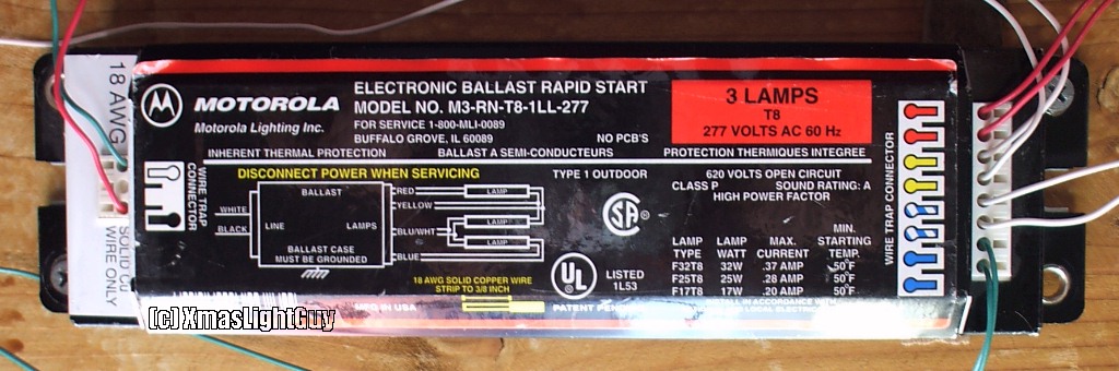 Motorola 3xF32T8 Electronic Ballast
A Motorola electronic 3-lamp ballast for 32w T8's (will also light T12's...at around 25w. I haven't tried 36w T8's)

All 3 lamps are ran in series, so if any one of them is removed, all 3 go out...
What's cool about these is they will do mercury migration with a EOL lamp, and not just on the EOL, but the 2 good lamps too.

LOL Kev needs one of these someday to show off at one of those meetups!
