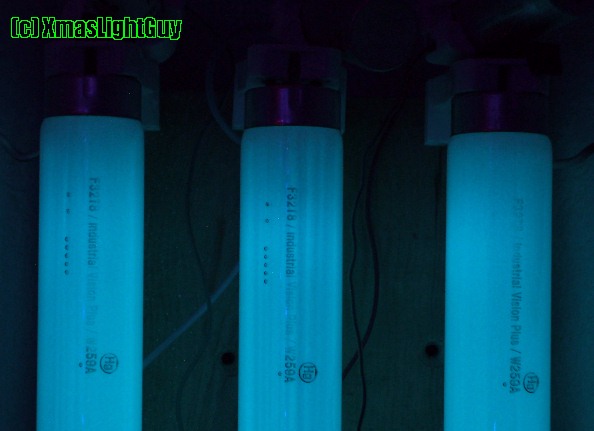 F32T8 Glow-Lux/Afterglow (off after running)
Glow-Lux/Afterglow lamps (shown just after being turned off). 
When on they're just a plain 5000k lamp, but when you turn it off...they glow a green-blue color.
These work on the same principle as those "glow in the dark" toys.

They call them a T8, but in reality they're slightly thicker, more like a T9.

Camera didn't quite capture it right, they're not as bright as it looks, and a bi more green-ish 
