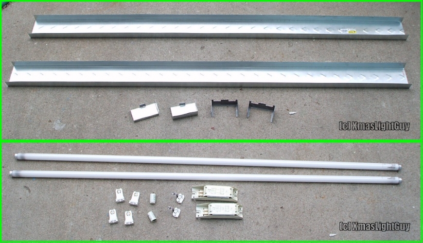The Making Of A 240v 5-Footer
Pic is actually from back in 2014..

Ok it probably wouldn't count as a 'real' fitting, but:
Here you see a selection of parts for what became a 2-lamp 5-foot switch start that I made.
Those are 40w T8's...

Kev might recognize the ballasts LOL

