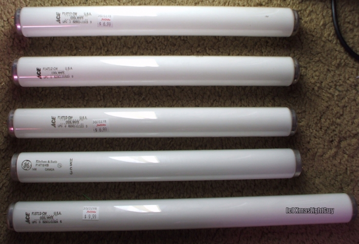 15-inch 14w T12 Tubes
A few of 15-inch 14w T12 lamps (plus a 18-inch 15w for comparison purposes)

3 "Ace" branded, but actually made by GE .. Cool-White/4100k
1 "GE" branded, but actually made by Sylvania .. Kitchen&Bath/3000k

I grabbed a number of these cheap at a store closing sale (mostly 'Ace' ones left) even though I have little use for them.

These at one time were quite common to see for sale in stores (not so much anymore, but you can still get them). Fittings for them are fairly uncommon though.
