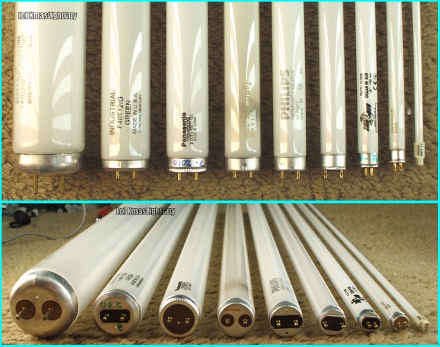 Fluorescent Lamp Sizes - T2 Through T17
A fluorescent tube size-comparison pic showing T2 through T17...

Starting on the left:
T17 (17/8's inch thickness, Mogul BiPin) GE F40T17/CW
T12 (12/8's inch thickness, Medium BiPin) Industrial F40T12/G
T10 (10/8's inch thickness, Medium BiPin) Panasonic F40EX-50(T10)
T9 (9/8's inch thickness, Medium BiPin) Lampi F20T9WW
T8 (8/8's inch thickness, Medium BiPin) Philips F32T8/Plant&Aquarium
T6 (6/8's inch thickness, Medium BiPin) (no etch)
T5 (5/8's inch thickness, Mini BiPin) ZooMed F54T5/10,000K
T4 (4/8's inch thickness, Mini BiPin) ?? F28T4-D
T2 (2/8's inch thickness, ??) American Lighting T2-24W 3000K

That T17 really is the beast in this group, especially compared to that thin little T2
