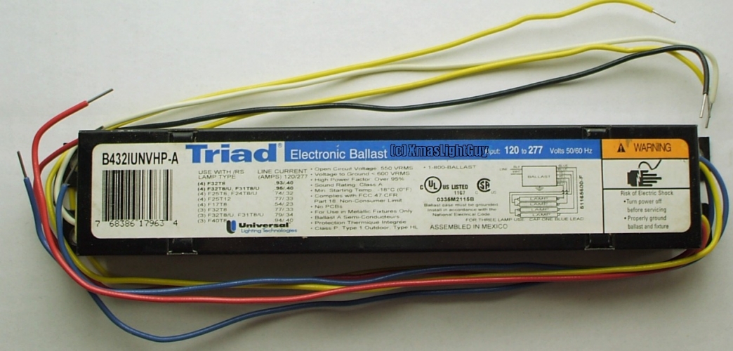 Triad 4x F32T8 Ballast
A Triad 4-lamp instant-start HF ballast (will run anything from 5-foot F40T8's down to 2-foot F17T8's)
(the label doesn't state this, but with 2-footers, you can run up to 8 of them by putting 2 in series on each output)

Overall a truly 'nothing special' ballast. I've seen this brand do 10+ years, which isn't bad for a HF ballast.
Keywords: F32T8; HF Ballast