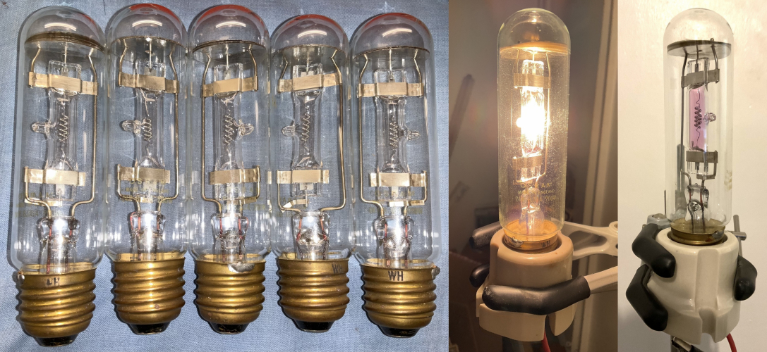 Osram GEC 200W 24V 8.33A Runway-Airport lighting vintage halogen lamps
these where a fun journey of discovery

I had first become aware of this general type of lamp from sailormoon_01_uk's uploads way back in the day, and I always thought they where neat, because of how they where a baby double-jacketed halogen lamp with a still regular E27 base, and fairly standard voltage of 24V, like a baby IODE type lamp if you will, most airport/specialist lamps like this tend to be weird voltages-wattages-bases, but these so just so happen to actually be somewhat "standard" :)

so I thought would be cool to get an example for the collection someday, fast forward many years and I find a listing for someone selling a bunch of nice early second generation Philips SL Opal lamps, but its about a 200 mile round trip to pick them up, but I also see the same seller has these halogens for sale, so I thought sure, good enough for me and I make the trip, pick up the SL lamps, these Halogens and a whole bunch of other weird industrial application lightbulbs he happened to have and just want rid of.

now I sat down with these and looked at them and thought, hmm they look a bit interesting-old looking with the "Osram" rather then GEC etches, in Straw colour and old style looking quartz construction with many airlines (they look a lot like GEC 80W Mercury arc tubes!), and so I ran the Date code of WH (WG on one) and got back either August (July) 1965 or 1989 and I thought hmmmm these must be 1989, 1965 would very early for a Halogen lamp and figured they just happened to be a bit old looking, and the fact they are Osram Branding being because 1989 was after GEC's lighting devision was taken over by Osram GmbH (from the 1960's-1980's apart from their consumer lamps, GEC tended to brand their light bulbs "GEC" rather than "Osram", so if you come across a British lamp branded "Osram" thats not a consumer lamp, its either from the 1960's or older or after the mid 1980's)

anyways, I happened to be talking to James and I show him that I found these, and he got very excited, for he told me, actually looking at the construction/style they might well be from 1965! as they are the sister lamp to the very first Halogen lamp type made in Europe (the first type being the 6.6A 30V version with a P28s cap)

so this got me thinking and did some digging, remember above I had been wanting one of these types for a long while, so I knew of a long standing eBay listing for these which I knew for a fact contained lamps from the late 1980's so I pulled that up,

[url]https://www.ebay.co.uk/itm/234336194430[/url]

and sure enough as you can see from the eBay listing, the design of the lamp from the late 1980's is quite different to what I have here! however there was one more litmus test as to their vintage and that was to light one, and see what colour it turned after turning it back off, for only the oldest halogen lamps had an iodide fill, and this fill turns purple when hot and vaporised, and sure enough, I got purple :) 

which all confirms these are actually much older then I first realised! they are my first Halogen lamps from the 1960's something I am most pleased to have, and all the more pleased I did decided to go grab them in the end :) (as in general I have also always wanted a nice 1960's Halogen lamp, but as you can imagine 1960's halogen lamps are not very common!)

