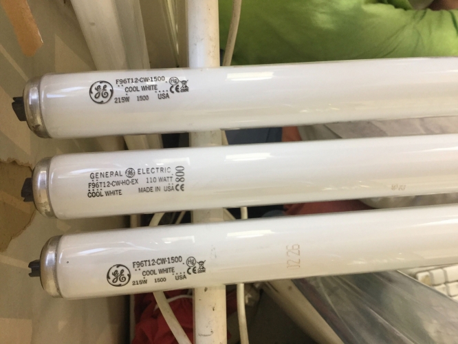 General Electric F96T12/HO 110W HO and F96T12/VHO 215W VHO tubes
after many years of searching I finally manage to track down some American 8ft tubes for my collection :) (those who have known me for a long time have known that i have been looking for an F96T12/HO tube especially, for almost 9 years now! and I finally managed to track one down and at a sensible price!)

these where bought from a UK supplier and thankfully arrived intact (although I have not yet tested them I see no physical damage)

I was expecting Sylvania tubes as they where the main supplier of US spec tubes in England, so was pleasantly surprised by these GE tubes

the /HO tube is especially interesting as it has 1980s style etch but is clearly from the 2000s going by the CE mark! (and also has the new style date code the VHO tubes have) although I cant quite recall when the CE mark was introduced on tubes... (this style etch was last used in 1992 IIRC) 

I hope to light them soon, but they have proper R17D end caps so hooking them up might be a bit tricky without proper lamp holders!

it would be interesting to know if anyone can date them for me :) 

they all have number markings further down the tube 

the top VHO tube has 25 01 on it

the bottom VHO tube has 26 02 on it

and the HO tube has 45 21 on it
