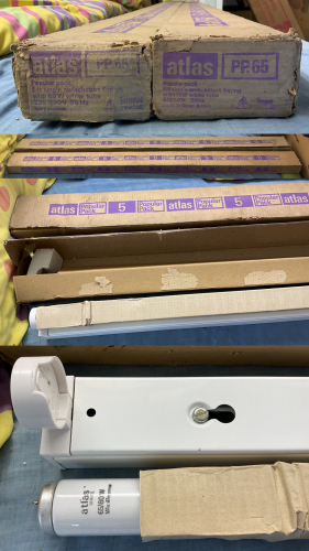 Brand new in box, New old stock, Thorn/Atlas PP65 5ft 65W Popular pack fittings
now here is something you really dont see every-day! over 50 years old new old stock fluorescent battens! the 1960's/1970's Thorn Popular pack (and the super-slim before it) is a legendary fixture but you *very* rarely see New in box examples like this these days! these are really minty fresh, its quite surreal seeing a pop pack up close like this in such good/new condition.

it has also provided a very interesting study into the fine details of these fixtures, how they where presented new/what components they came with etc, and these in particular are quite interesting, in how they are still Atlas branded on the boxes, but are besides the included tube, are completely Thorn branded throughout otherwise, these must of been some of the last to bare the Atlas branding before the Thorn branding took over, if I am reading the date code of the included tube correctly, that gives me March 1974, which would tally with [url=http://80.229.24.59:9232/gallery/displayimage.php?pid=22985]the stamp inside the fixture[/url] if said stamp means 15th week 1974? control gear fitted can be seen [url=http://80.229.24.59:9232/gallery/displayimage.php?pid=22984]here[/url] (the tube sleeve is completely blank devoid of any markings at all from what I can see)

overall I am very pleased with these, and well worth the 90 mile round drive I had to do to fetch em :)
