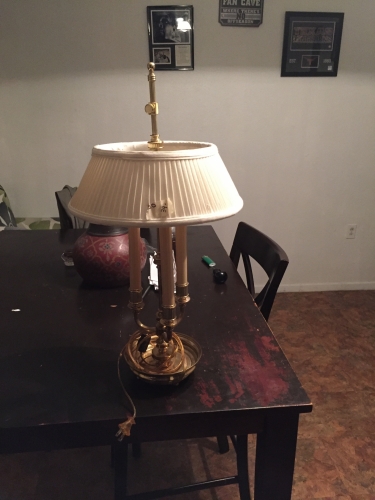 found this Table lamp from Estate Sale
while out junking i found a Estate sale 
it was in rich side of San Antonio, Texas 
i had a funny feeling somthing turns up
i found a 3 lamp candoller  type of table 
lamp with shade these use ES12 sockets
