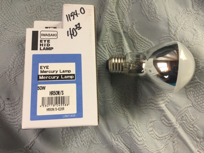 Iwaski 50 watts Reflector Mercury
Here I scored 3 of these at a closing light bulb shop
In Austin, Texas.  These 50 watt reflector MV used for down lighting
And outdoor landscapimg  lightimg. Also
This made in japan
