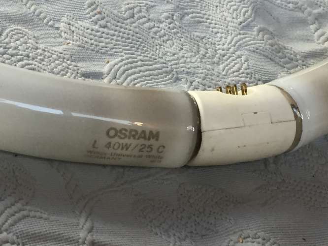 Osram L40/ 25 C 
My first Osram colour 25 circline. US never had these as most lamps here are 641 for circlines.  This was save by Nickfan from LG member doing a beer sign rework job
Saving me this banded up circline from use. 
