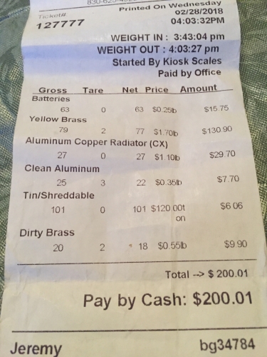 Does any one do metal recycling in UK? 
Here cash in $200 (Â£145) of metal and lead acid batteries.  I get paid by weight every 416 grams ( US pounds in weight)  i do metal scrappng for income cause This income
Is not reported to US goverment.  This metal come from Cooling equipment, old car batteries, brass from electrical cables ends, plumbing and more.  This How i make 
Other half of my yearly income. 



