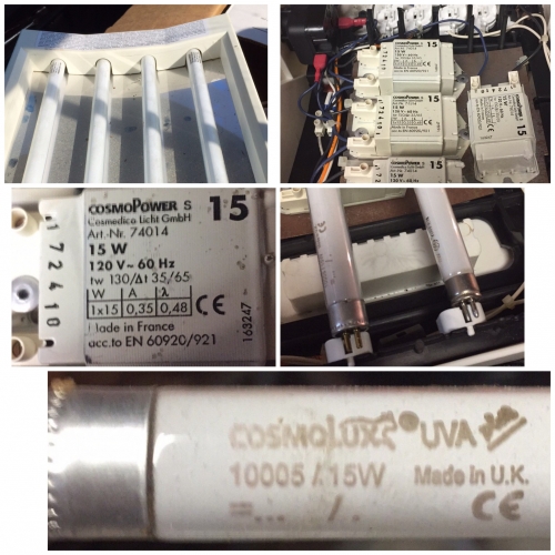 Cosmo Facial tanning bed 
I Found this odd ball tanning bed at thrift store and I paid 1 US Dollar for  cosmos Facial tanner.  Know me I had to take it apart to see what tubes and gear inside.  first clue 
was 4 philips S2 starters uncommon philips starters here in the states. then second clue was CE mark.  up on opening first spotted a EU style made 15 watt choke power a T5 tube.  I had a WTF moment being 15 watt chokes that normal runs 15 watt T8s .  Then spotted a UK Sylvania made Cosmo tube same size as 8 watt tubes.  this will be a project drilling rivets out and replacing 120 volt 15 watt chokes and put 8 watts tubes in there.  prolly use one of choke in one of my Lampi fitting. 
