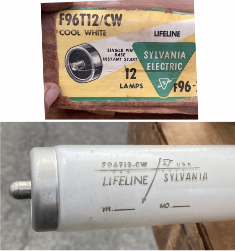 Old cases of Sylvania 8 Ft Slimelines
Craigslist finds in Alamo Heights, Texas,  a rich Suburbs in San Antonio a man convertrec his shop to leds,  and sell 2 full case and 1 with 3 Slimlines tubes in a old orginal box.  These tubes dated OCT. 1962.  It got very interesting nickle plated brass single pin to help reduce corrosion on the pins.   These lamp F96 means lamp is 96 inches long and it not the wattage of lamp.  Slimeline tells you that it single pin T12.   These lamp starts by putting very high OCV to the lamp.  These lamps are are use where fittings are turned on once per day or 24/7 use installation.  These lamp rated at 12,000 hours 
