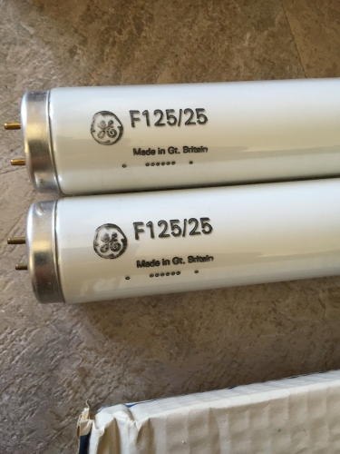 GE F125/25 
i have imported the longest fluorescent tubes into the united states. It was biggest risk i ever done here. Well it prolly the only 
G.B. Made 8 footer in the USA now

Edited: 

Here video of 8 foot pop pack fired up with those tubes
 http://youtu.be/cmMelQYrUXA
