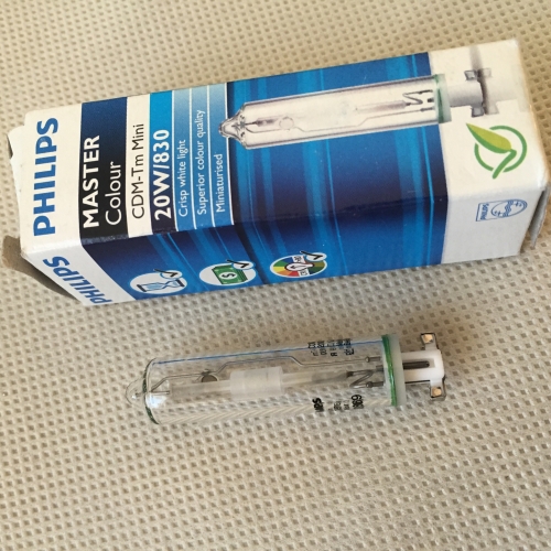 Philips master colour 20 watt CDM-Tm
Ok i have about 5 cases of 12 of these. They kind of resembled mini sox lamps LOL. They are 20 watt tubular CMH lamps smallest wattage I have seen. Yet I don't know where to find those lamp socket for these. 
