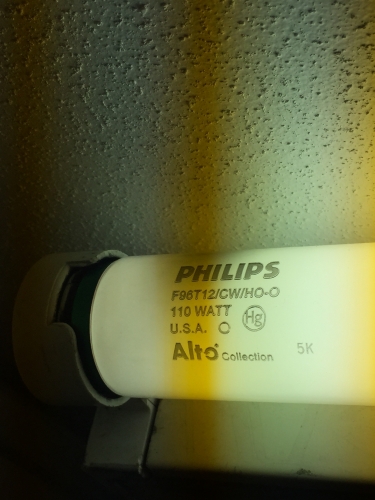 Philips 110 watts HO alto in 8 foot Pop Pack
Well this lamp being run in service for 1 week, ballast seems happy with my 5.5 uF cap in place of 7.2 uF. So now I have a extra tube laying about as it sold in two packs. i got 8 of them on HF RS down road from me lasted 2 years in sign lighting job. Replace with same batch of tubes going on second set. As i got this lamp from home depot.
