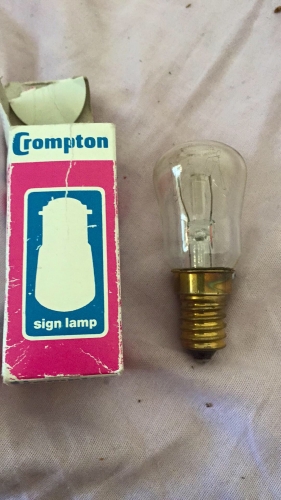 Crompton 15 watt SES pigmy bulb
I found this Crompton SES 15 watt pigmy bulb at restore 
 This only cost me .54 USD.  I have no way of lighting this as i dont 
Have and SES base socket here that would fit. 
