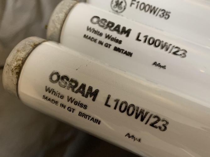 Pair of OSRAM 100W T12 tubes
Recently saved from an abandoned/derelict factory site. I was amazed to find in tact 8ft tubes in a place that has been closed for so long.
