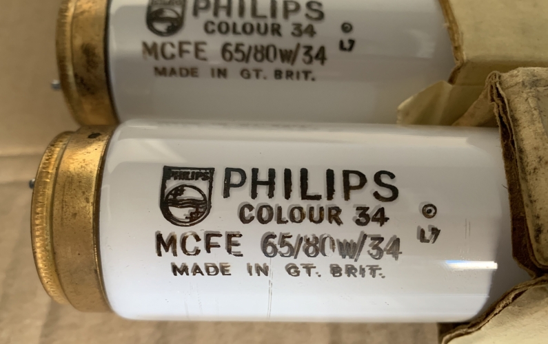 PHILIPS MCFE 65/80W/34
These tubes have to be my favourite. I simply love the colour these give off.  I have four of these nos tubes and today I have installed a pair in my restored GEC Europa 5FT T12 twin fitting which was rescued from a derelict factory last month. Fitting has been repainted inside and out and fully cleaned.

