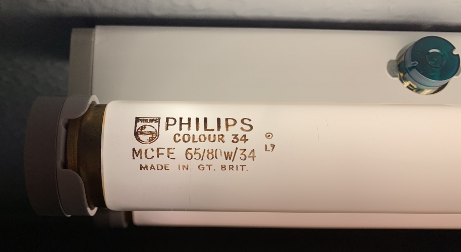 PHILIPS MCFE 65/80W/34 LIT
Pic showing these awesome tubes lit in a restored GEC Europa 5FT T12 twin fitting that was rescued from a derelict factory last month. Pic does not show the true colour.
