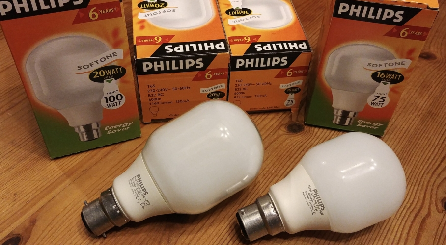 Phillips Softone 16w & 20w CFLs

Philips Softone 16w & 20w CFLs, unused. 815 & 1160 lumens respectively. Both rated at 6,000 hours which I suspect is quite a conservative rating. Date codes J4 & K5 = September 2004 and October 2005. Made in Poland.

