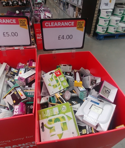 B&Q's "Clearance" (February 2019) #1/2

Had a nosy in B&Q today seeing as they had clearance signs plastered everywhere. I found loads of lamps in the clearance bins, here's a few interesting examples:

- 21w/840 Philips Â£7 each
- 15w/830 Philips Â£7 each
- 13w/840 Philips (would love a few of these at a reasonable price!) Â£7
- GE Wattmiser 21w 2D 840 Â£4 each
- Philips & Diall E27 LED assorted lamps Â£4 each
- Diall eco halogen lamps 3-pack, Â£4
- Diall extra large globe E27 CFL Â£10

So yeah, make up your own mind of how much of a worthwhile "clearance" this actually is

P.S. had to use the wide angle lens on my phone so quality is not good. Also I did take more pics but my phone decided to corrupt them all.

