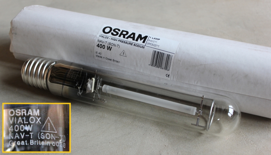 GB Osram VIALOX 400w SON-T (I)
New in sleeve this rather nice GB made Osram, manufactured at Shaw in February 2000 (I think).
