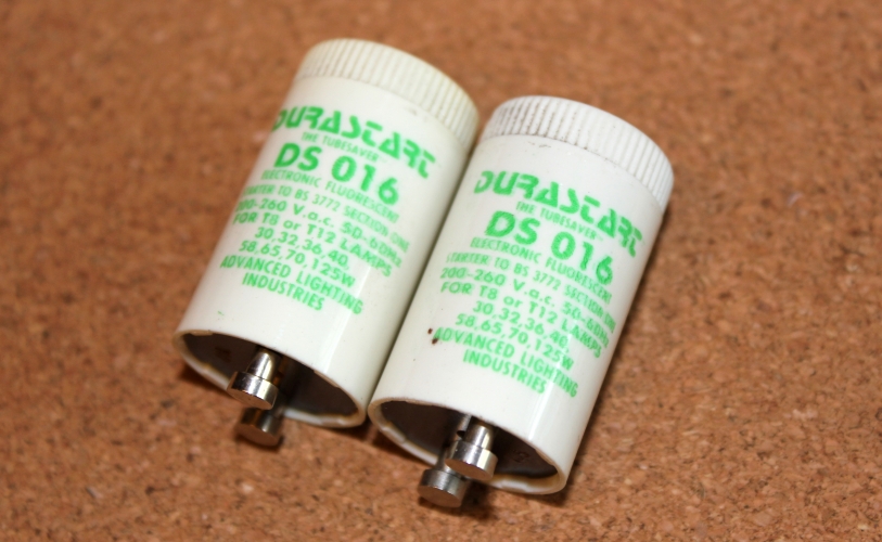 Durastart 'The Tubesaver' DS016 30-125w Electronic Starters
Here you see a pair of Advanced Lighting Industries - Durastart 'The Tubesaver' DS016 30-125w electronic fluorescent tube starters. These came with the Designplan fixture which can be seen [url=http://80.229.24.59:9232/gallery/displayimage.php?pid=6098/]here[/url]

Not sure how old these are but I've never seen this brand of electronic starter before. A quick Google search reveals they might of been sold by RS components.
Keywords: Durastart;DS016;The Tubesaver
