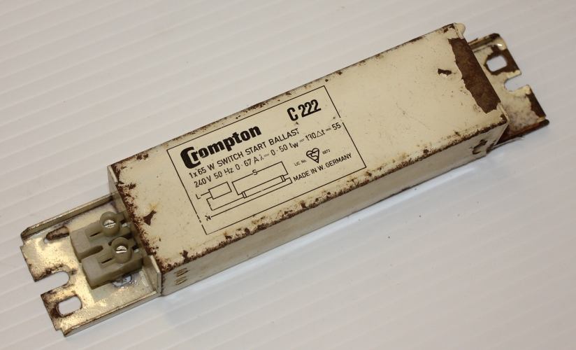 Crompton C222 65w SS Ballast (May & Christe/Optima)
Here you see a Crompton C222 5ft 65w switch start ballast.

Nice & rusty, it has been out of use for many years but of course works fine.

I also have May & Christe ballasts branded as the following: Optima, Osram, GEC, Philips and Magnatek. Is there any others, or have I got the full set now?
