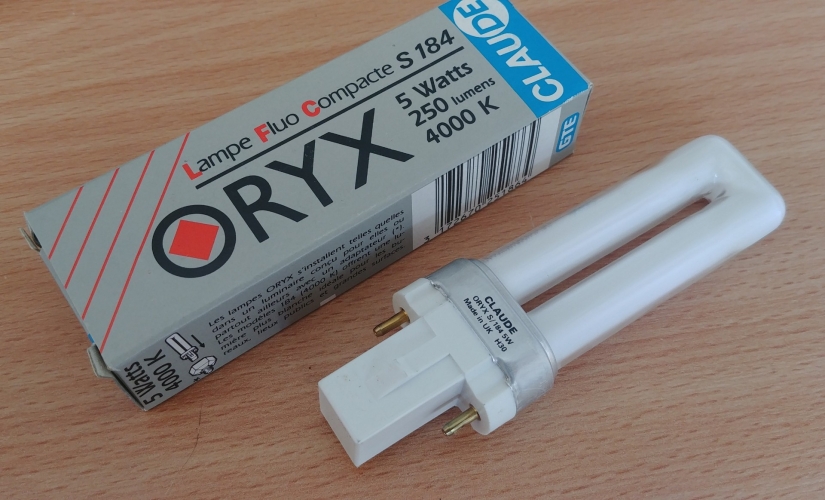 Claude Oryx S/184 5w PL-S Lamp

Here you see a recent purchase, a UK Sylvania made Claude 5w 840 PL-S lamp.

Thanks to Slyspark for stumbling across these and putting an eBay link up, click [url=http://80.229.24.59:9232/forum/viewtopic.php?f=11&t=1468][u]here[/u][/url] if you're interested

