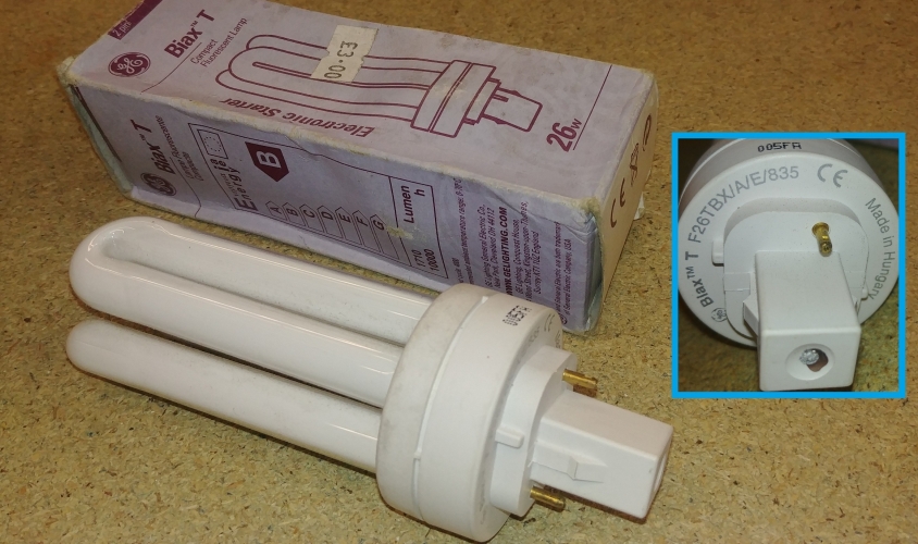 GE Biax T 2-Pin Electronic Starter 26w PL-T Lamp

Here you see a GE Biax T 26w 2-pin PL-T lamp with built in electronic starter.

Someone mentioned GE 16w 2D lamps a while ago that had built in electronic starters, which got me thinking about some GE PL lamps that I'm sure I'd seen before with built in electronic starters, but my Google searches didn't reveal much so I thought I must have dreamed it or something! Obviously I didn't, as these cropped up in one of my Ebay searches not long after.

I was hoping they'd be warm start but they are not, they instant start and are very bright as you'd expect. Sadly a couple got broken due to shitty packaging from the seller so I'll take them to bits sometime and see what the starter is like.

Pics of the starter PCB:

[url=http://80.229.24.59:9232/gallery/displayimage.php?pid=11234][u][b]1 of 2[/b][/u][/url]

[url=http://80.229.24.59:9232/gallery/displayimage.php?pid=11235][u][b]2 of 2[/b][/u][/url]

