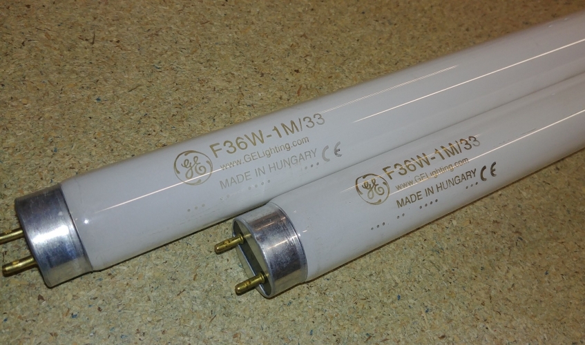 GE F36w-1M/33

Here you see a pair of GE 36w 1 metre (actually 970mm and sometimes named as such!) colour 33/640 fluorescent tubes, BNOS but without sleeves.

Note that these run at 0.56a, not the usual 0.44a of a common 36w 4ft tube. 
