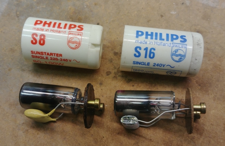 Inside the Philips S8 Sunstarter 80-100w

I've tested some of these oddball Philips S8 'Sunstarter' starters today which were removed from a 1988 vintage sunbed, they seem to be just an S16? They operate 6' 70 & 75w & 8' 100 & 125w tubes fine. The only difference I can see is they seem to be a little slower, giving a longer preheat, but this could be due to age or just pure luck that's how they started on the few times I power cycled the fitting.

Note the S16 in the picture for comparison is much newer & bears a CE marks etc

