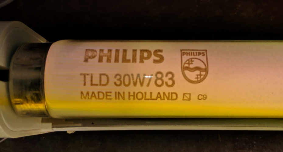 Philips TLD 30w/83

BNOS, lovely lovely colour with plenty of red content. Made in Holland. Date code C9 = March 1989
