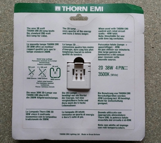 THORN EMI 38w 2d lamp - rear of packaging
This is the rear of the packaging...

Brand new old stock, found on eBay. Haven't opened it yet, seems a shame to lol.

Arrive in a crappy box covered in "FRAGILE" tape & was delivered by MyHermes, I was convinced it'd be smashed! As you can see here it was in one piece.
Keywords: Thorn EMI; 2D; 38W