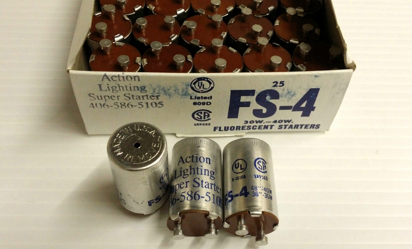 USA Action Lighting FS-4 Super Starter
A brand new box of USA made FS-4 'Super Starter'

Starts 3' & 4' T8 & T12 tubes fine, starts T12 5' fine, strugglesâ€‹ with 5' T8 and anything longer. Also starts 2' & below but with pretty much no preheating.

Theses were Â£7.85 delivered from eBay, currently a few boxes still available.
