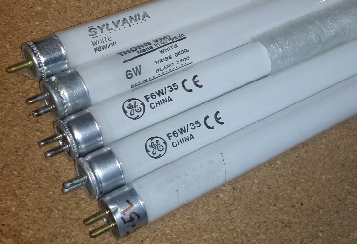 6w T5 Tubes: SLI, THORN EMI, CN GE & Philips

Purchased these recently from eBay along with some 8 watters too. All working fine. Top to bottom:

- Sylvania white, appears new. Doesn't say where it was manufactured, China?
- THORN EMI white, used.
- 2x GE China white, new. Don't know anything about these, any good?
- Philips white, used, made in Holland. Etch very worn, date code made out as 5L, November 1975?
