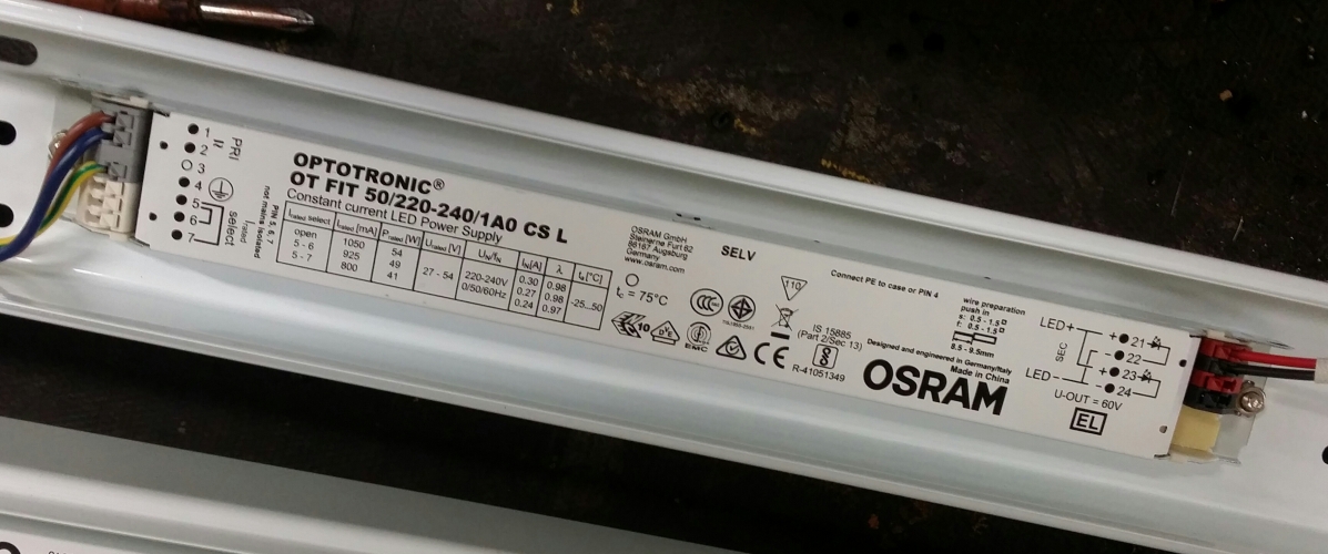 NVC "40w" LED Batten Driver/Ballast - Spot The Issue
Fitted three of these 40w 5' NVC LED battens today at work, light output is excellent I have to say, they are very bright and the 850 colour is not too bad, although the 840's are better. This is the Osram driver that's fitted in them, can you see the issue?
