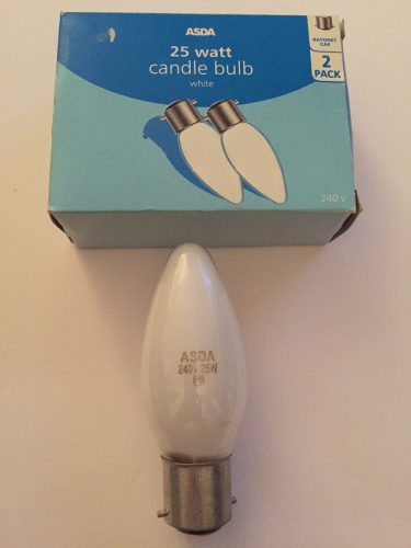 Asda White Candle
BC -B22, 240 Volts, 180Lumens, 1000 Hours.
