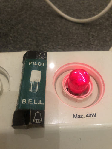 Bell Red Pilot
200/250 Volt, SES - E14. Very small for a mains voltage lamp.

