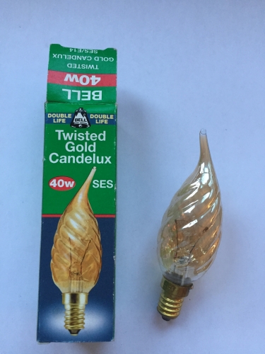 B.E.L.L. Twisted Gold Candelux
SES-E14, 240 Volts, 2000 Hours life, 340 Lumens.
