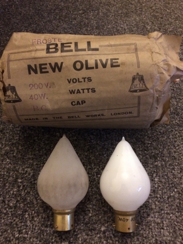 Bell Olive
Frosted & Opal versions. 200 Volts. Made in London.
BC.
