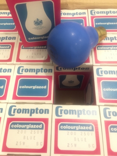 Crompton Blue Colour Glazed
BC (B22), 240-250 Volts, Made In U.K.
