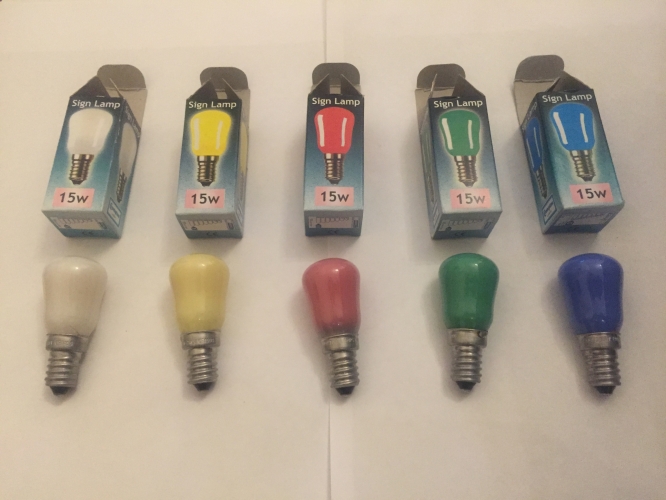 Crompton Coloured Pymgmys
Set of 5 coloured pygmy lamps. 200-250 Volts, SES (E14) Cap, Special purpose, Not suitable for household illumination.
