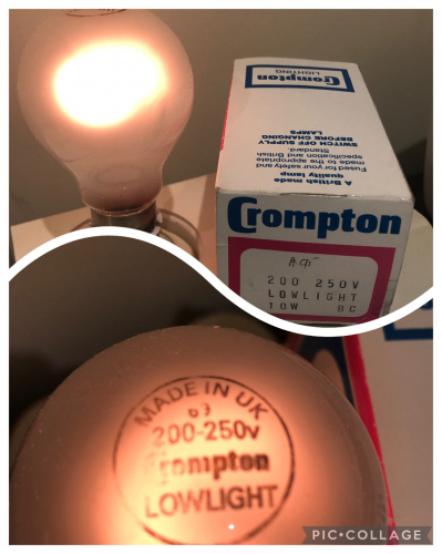 Crompton Lowlight
200/250 Volts, U.K. BC-B22
